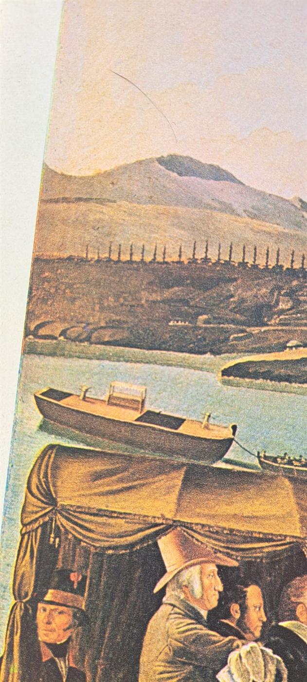Flussszene, 19. Jahrhundert — mit feiner, bogenförmiger Spur am Himmel