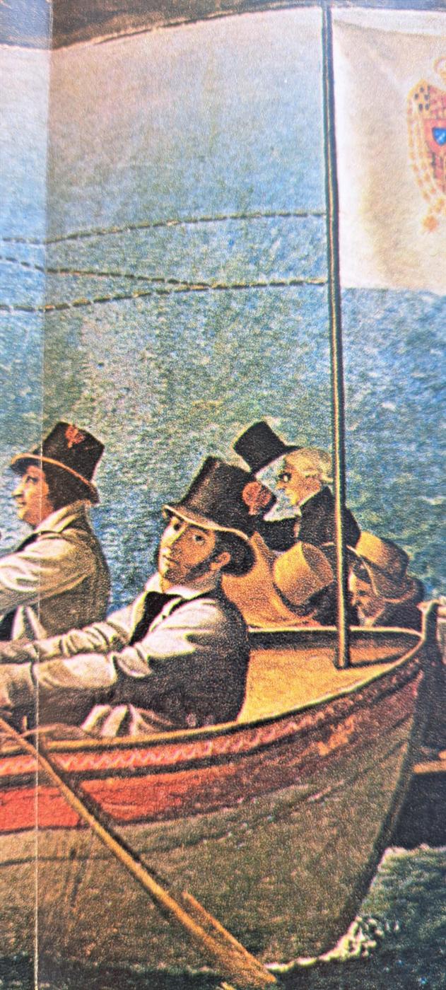 Herren mit Zylindern im Ruderboot, Fahne mit Wappen