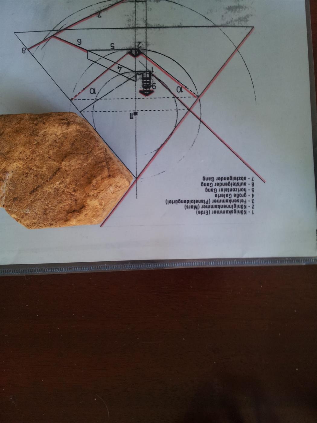 Kantiger Stein auf dem rot markierten Pyramidenplan